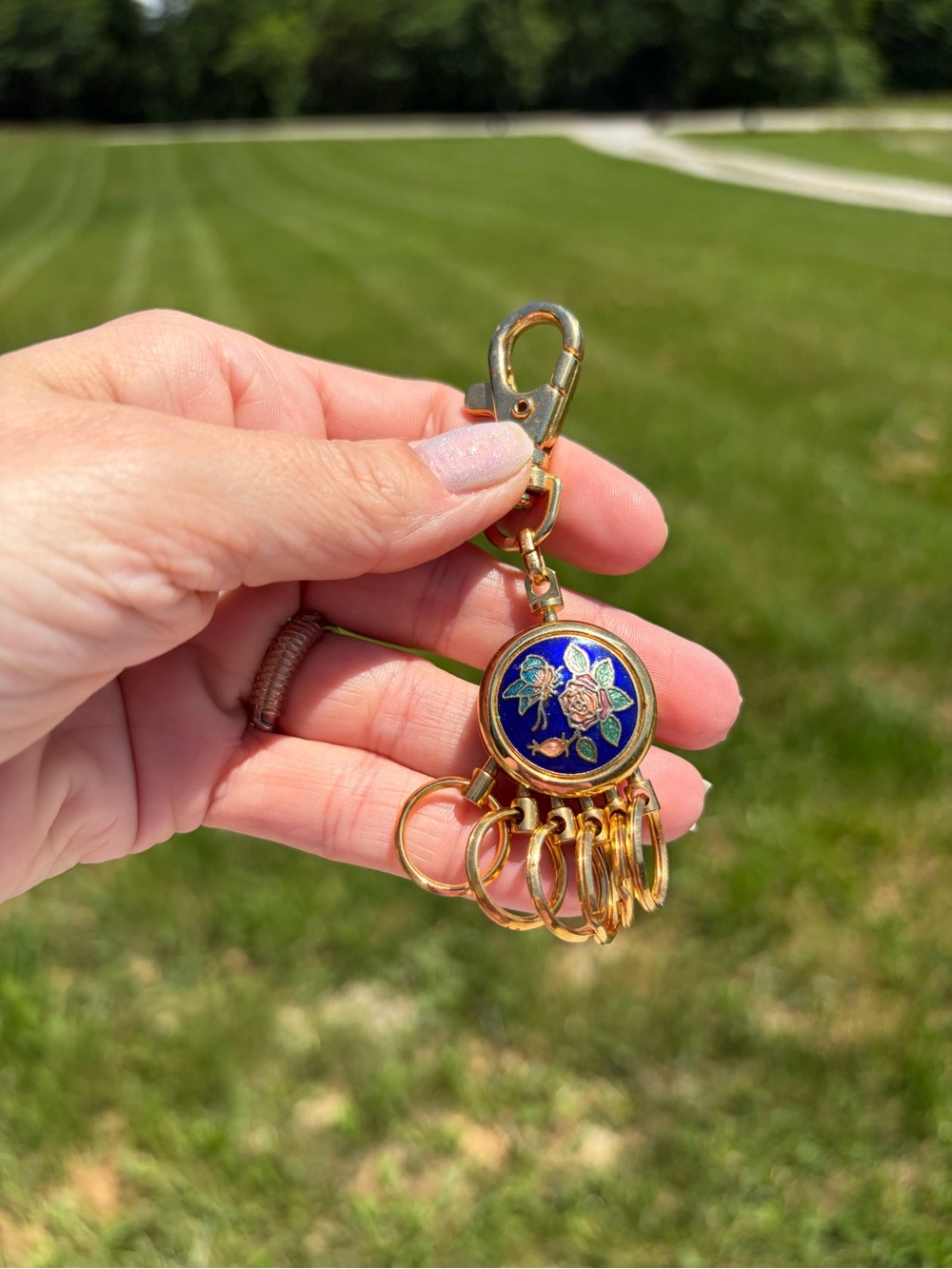 Vintage Cloisonne Multi Chain Enamel Keychain Blue Floral Butterfly Goldtone